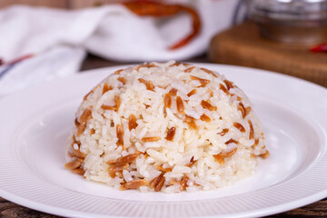 Rice dish. Turkish style rice pilaf. local name arpa sehriyeli pilav. Close up