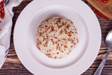 Rice dish. Turkish style rice pilaf. local name arpa sehriyeli pilav. Top view