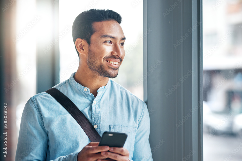 Poster happy, thinking and an asian man with a phone for social media, communication and chat. business, id