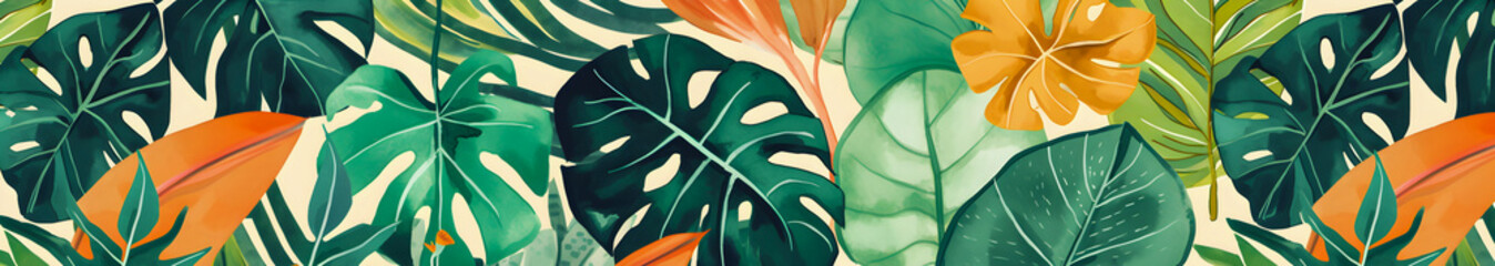 Jungle watercolor floral pattern, panoramic scale, Generative AI