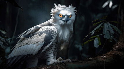 A glowing, ethereal harpy eagle, its eyes focused like black holes, swooping down on prey in a cosmic rainforest - Generative AI - obrazy, fototapety, plakaty