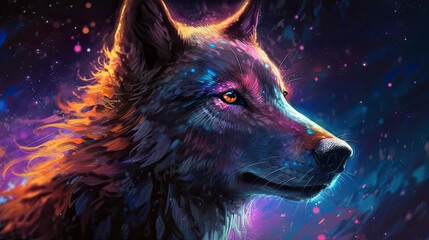 A glowing, ethereal wolf, its fur alive with the colors of the cosmos, howling at an interstellar moon - Generative AI