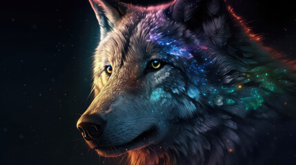 A glowing, ethereal wolf, its fur alive with the colors of the cosmos, howling at an interstellar moon - Generative AI