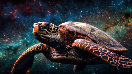 Fototapeta na wymiar A glowing, otherworldly sea turtle, its shell displaying an entire galaxy, swimming serenely through an interstellar ocean - Generative AI
