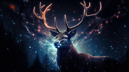Obraz na płótnie Canvas Celestial Deer Majestic Antler Constellations Amid Supernova - Generative AI