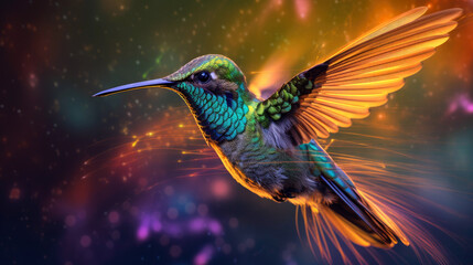 Obraz premium Radiant Hummingbird Iridescent Flight in Solar Flare Skies - Generative AI