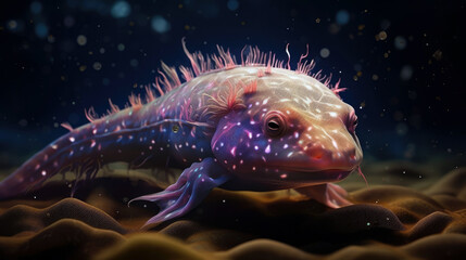 Obraz na płótnie Canvas A radiant, interstellar axolotl, its feathery gills adorned with starry patterns, floating in a cosmic freshwater pond - Generative AI
