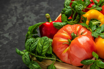 Various colorful garden tomatoes, bell peppers and spices. Ingredients for cooking on a dark background. Long banner format place for text, top view