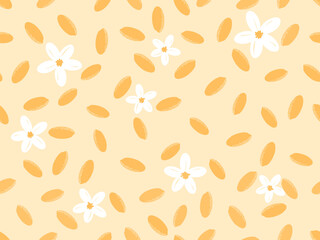 Seamless pattern with paddy rice seed and cute flower on yellow background vector illustration.