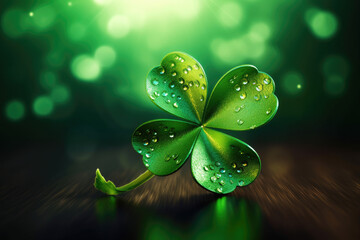  Four-leaf green clover for good luck on St. Patrick's Day on green background, holiday of spring, generative AI