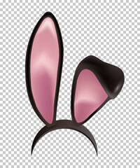 Rabbit ears realistic 3d vector illustration. Easter bunny ears kid headband, mask. Hare costume black and pink element. Photo editor, booth, video chat app isolated on transparent background