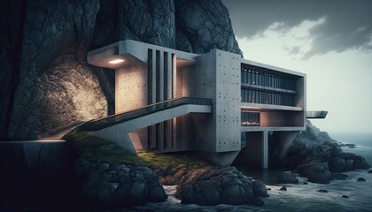 Modern house with long span concrete structure cantilevered over a ocean cliff
