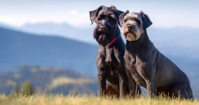 Two Kerry blue terrier dogs sitting on grass with mountains in background. Hyper-realistic image created with generative artificial intelligence