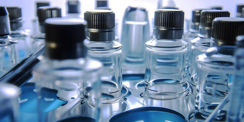 Laboratory bottles close-up. Scientific research and development concept. Image created with generative artificial intelligence in 3d style.