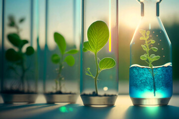 Green seedlings growing in test tube. Scientific research and development concept. Hyper-realistic image created with generative artificial intelligence