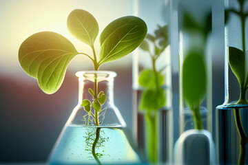 Seedling in one tube in the foreground and others in the background. Scientific research and development concept. Hyper-realistic image created with generative artificial intelligence