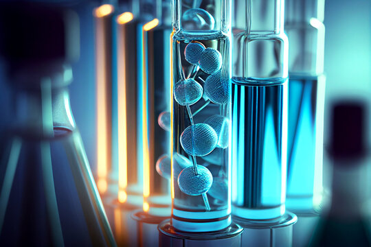 Close up laboratory glassware containing liquid with light reflections. Scientific research and development concept. Image created with generative artificial intelligence in 3d style.
