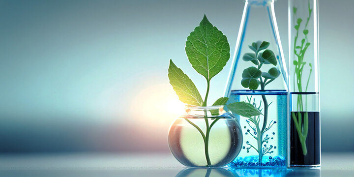 Laboratory glassware with green plant on blue background. Science and laboratory research concept.  Hyper-realistic image created with generative artificial intelligence