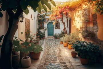 Fototapeta na wymiar Vibrant Mediterranean Courtyard with Cobblestone Path, AI generated