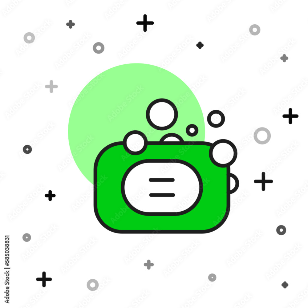 Poster filled outline bar of soap icon isolated on white background. soap bar with bubbles. vector