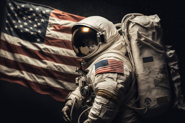 Fototapeta premium Cosmonaut or astronaut in a spacesuit on the moon surface with the American flag. Moon landing Usa flag space and science exploration symbol. Ai generated