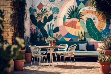 Air Terrace with Potted Plants, Outdoor Furniture, and Mosaic Tile Mural, Child-friendly Design