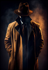 Abstract faceless portrait of a police inspector, a gentleman in a suit who is on an undercover mission in smoke and dust. Nameless perpetrator. Illustration, Generative AI.