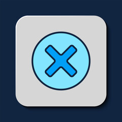 Filled outline X Mark, Cross in circle icon isolated on blue background. Check cross mark icon. Vector