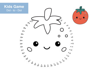 Number puzzle game. Dot to dot. Cute kawaii tomato with funny face. Healthy food. Cartoon vegetable. Educational math worksheet. Printable activity page for kids. Connect the dots and color.