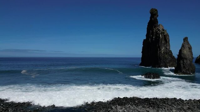 Aerial view at the Ilheus da Ribeira da Janela, rocks in ocean on Madeira island, Portugal