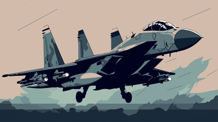 Military fighter jet. Vector art illustration of airplane. Modern war aircraft. F16 flying at high speed. F-16 aeroplane. Supersonic speed. F15 armed with missile. USA air force. f-15 armed for combat