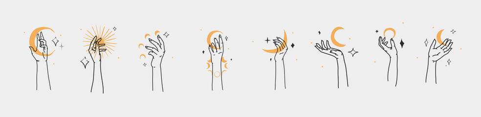 Hand drawn vector abstract outline,graphic,line art magic hands with moon and stars logo set in minimalistic modern style.Moon and star sign outline design concept.Outline astrology line art isolated.