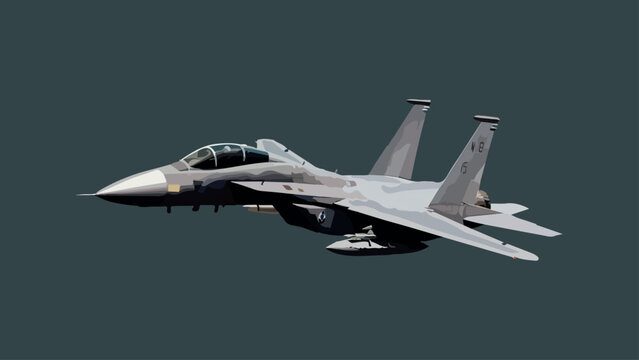 Military fighter jet. Vector art illustration of airplane. Modern war aircraft. F16 flying at high speed. F-16 aeroplane. Supersonic speed. F15 armed with missile. USA air force. f-15 armed for combat
