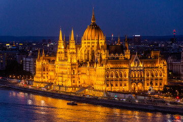 Evening view of Danube river and Hungarian Parliament Building in Budapest, Hungary