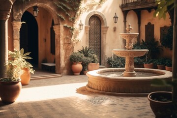 Fototapeta na wymiar Mediterranean Terrace with Sun-filled Courtyard, Stone Walls, and Mosaic Tile Fountain, Outdoor Living