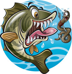 Cartoon style fish about to take fishing bait on a hook