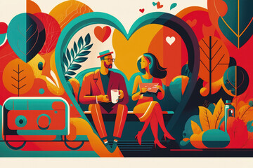 Flat retro design: Romantic love between people. Lowers in rich colors | Generative AI Production