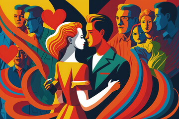 Flat retro design: Romantic love between people. Lowers in rich colors | Generative AI Production