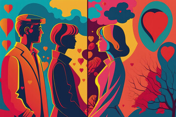 Flat retro design: Romantic love between people. Lowers in rich colors | Generative AI Production