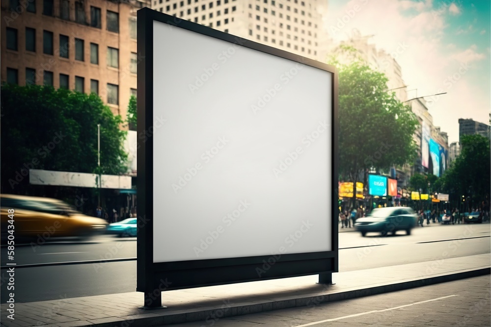 Poster Wide blank billboard mockup on two legs against background of city buildings, created with generative ai