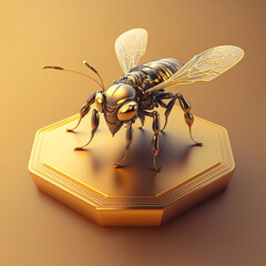 A robotic bee is perched on a golden table, Generative Ai