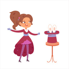 Girl magician and magic circus show vector illustration. Cartoon child wizard illusionist conjuring tricks with rabbit bunny in hat cylinder
