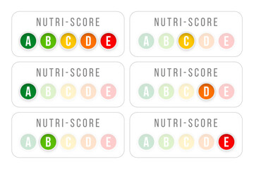 Nutri score system for health care label, horizontal stickers with grades in round icons