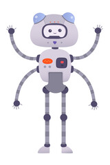 Cute toy robot with many robotic arms, happy machine standing with funny smile on face