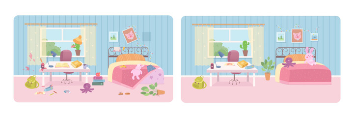 Kids bedroom before and after cleaning, comparison of messy and clean room interior set