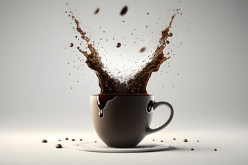 a coffee cup on a white background into which coffee is poured from the sky, Photorealistic, Sharp focus, Octane render,