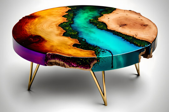 A colerful round shaped sofa table with the top made out of alm wood and cracks with epoxy, while the legs are made out of shiny chrome material in a stylish way, 