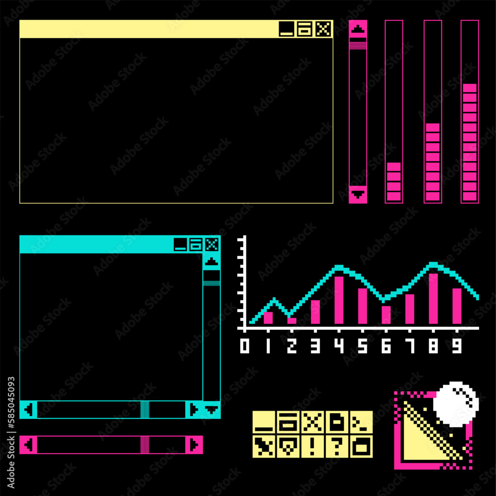 Poster 1980s cga retro computer window dialog interface and buttons element