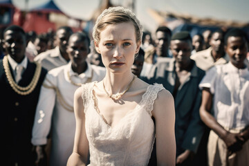 Fake poly marriage for citizenship - a white european confused bride woman in harbor to marry many african refugee men in the back trying to immigrate through fictional sham marriage, generative ai