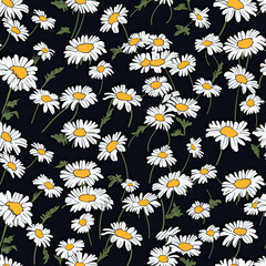 The seamless pattern is comprised of beautiful daisy flowers with green leaves, displayed on a black background.
